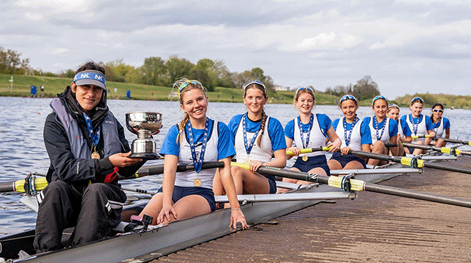 Thames Upriver with the Women's Eights trophy