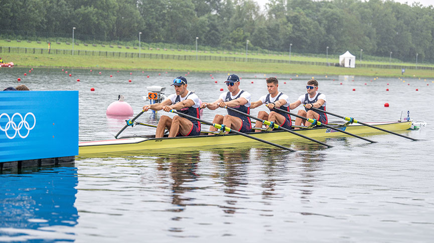 men's quadruple sculls line up to race on day 1 of the 2024 Paris Olympics