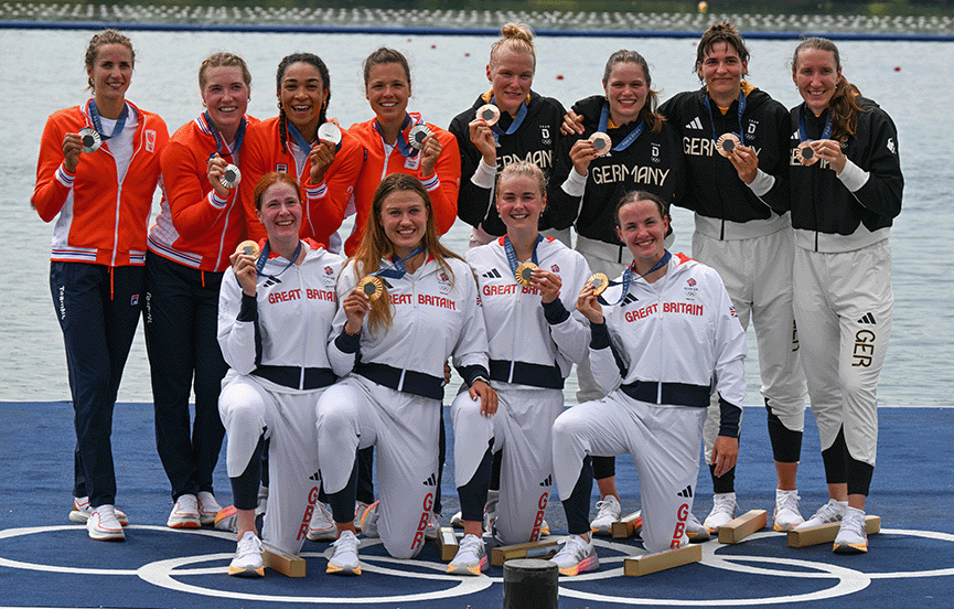 Women's quads on podium: Netherlands (silver), GB (gold) and Germany (bronze) - 